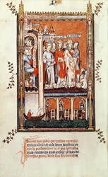 Fr 2092 f.37v Sisinnius, joka näyttää muiden marttyyrien ruumiita St. Denikselle ja hänen kumppaneilleen, Vie de St. Denisistä, 1317