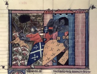 Fr 22495 fol.115r Ristiretkeläiset, jotka taistelevat saraseeneja vastaan vuonna 1185, Le Roman de Godefroi de Bouillonista