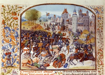 Fr 2643 f.97v Nevilles Crossin taistelu satavuotisesta sodasta vuonna 1346, Froissarts Chroniclesta