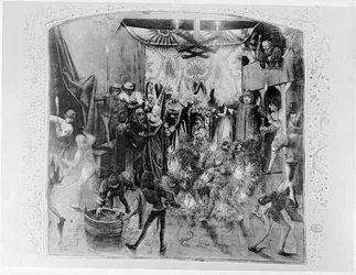 Fr 2646 f.176 Bal des Ardents, Charles VI:n (1380-1422) Berryn herttuatar pelasti sen jälkeen, kun Louis of Orleans sytytti tanssijan puvut, Froissarts Chroniclesta, 1392 (katso myös 52