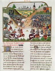 Fr 2691 f.183 Taistelukohtaus Jehan Charetierin kirjoittamasta "Kaarle VII:n Ranskan kronikasta" (pergamentti).