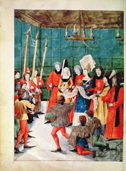 Fr 2692 f.70v Kuningatar jakavassa turnausturnauksen palkinnon, Livre des Tournois de Rene dAnjou, n. 1488-89