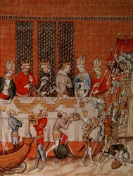 Fr 2813 f.473 Juhlatilaisuus Grandes Chroniques de Francesta, 1375-79