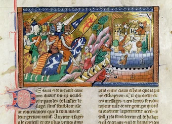 Fr 9084 f.53 Englantilainen armeija hyökkää linnaan, Guillaume de Tyrin aikakirjasta (pergamentti).