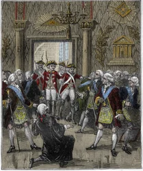 Vapaamuurarius Pariisin Hôtel de Soissonsissa kesäkuussa 1745: poliisikomissaarin saapuminen keskeyttää vapaamuurariseremonian. Teoksessa "Paris à travers les siècles", Gourdon de Kenouillac, 1880.