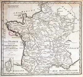 Ranska jaettuna 83 departementtiin vuoden 1791 kansalliskokouksen asetusten mukaisesti