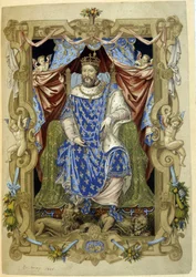 Francois 1. valtaistuimellaan juhlapuvussa