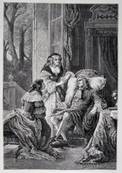 Francois de la Rochefoucauld (1613-1680) keskustelee Mademoiselle de Sevignen (Marie de Rabutin-Chantal), Marquise de Sevigne dit Madame de Sevignen (1626-1696) ja Marie-Madeleinen (Marie Madeleine) Pioche de La Vergnen kanssa, kreivitit (Madam of the F
