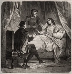 Francoise de Foix, Chateaubriantin kreivitär (n. 1495-1537), sairas, vastaanottaa Clement des Marets dit Marotin (1496-1544), Francois 1:n palvelijan, sängyssä. Kaiverrus vuodelta 1871 Henry de Kockin (1819-1892) teokseen "Histoire Des Cocus Celebres".