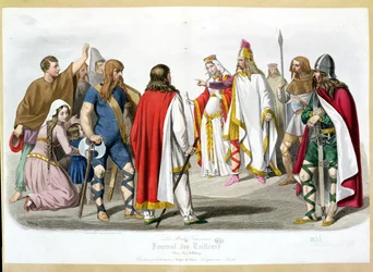 Frankilaiset ja merovingilaiset puvut, historiallinen muotilevy Les Modes Francaisesilta - Journal des Tailleurs, 1836