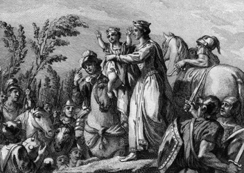 Fredegonde (545-597), Neutrian kuningatar, pitelee sylissään poikaansa, tulevaa Clothary II:ta (584-628); 584. Kaiverrus 1700-luvulta.