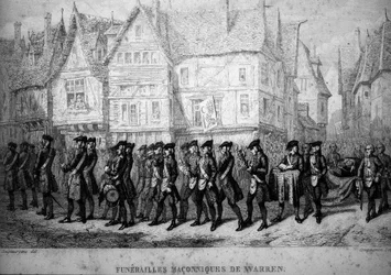 Vapaamuurarius: brittiläisen siirtomaahallintomiehen Warren Hastingsin (1732-1818) vapaamuurarihautajaiset. Teoksesta "Histoire pittoresque de la Franc-Maçonnerie et des Sociétés Secrètes anciennes et modernes", tekijä F.-T. B. Clavel. Pagnerre