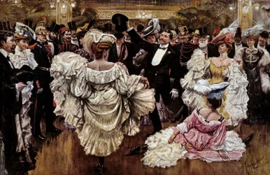 Ranskalaisia cancan-tanssijoita kabaree-esityksen aikana, 1900-luvun alku (vedos).