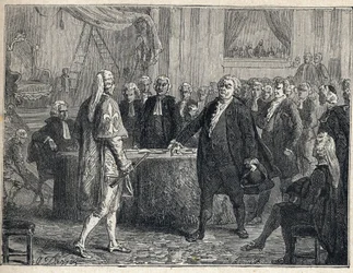 Ranskan vallankumous - Yleiskokous 23.6.1789: Honore Gabriel (Honore-Gabriel) Riqueti, Mirabeaun kreivi (1749-1791) puhui Henri Evrardille (Henri-Evrard), Dreux Brezen (Dreux-Breze) markiisille (1762-) 1829). Kaiverrus vuodelta 1889. Yksityinen kokoelma.