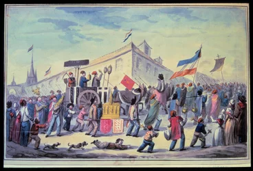 Ranskan vallankumous: "" Uskonnonvastainen naamiainen marraskuussa 1793"" Anonyymi akvarelli vuodelta 1793. Pariisin arsenaalikirjasto