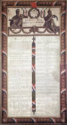 Ranskan vallankumous: Ihmis- ja kansalaisoikeuksien julistus (litografia. 1700-luku)