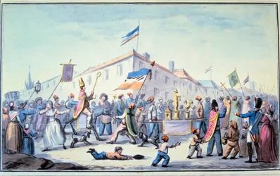 Ranskan vallankumous: "" Muodostettu kansan naamiainen pukeutuu papin vaatteisiin"". Anonyymi vesiväri. 1793. Paris, L