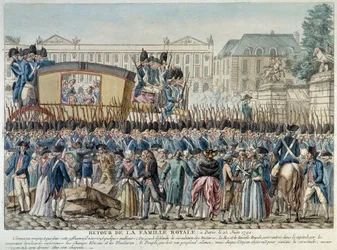Ranskan vallankumous: "Kuninkaallisen perheen paluu Pariisiin 25/06/1791" Saattue ylittää Place de la Concorde -aukion. 1700-luvun lopun ranskalaisen koulukunnan kaiverrus. Pariisi Musée Carnavalet