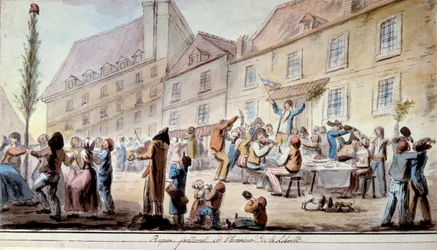 Ranskan vallankumous: veljesateria vapauden kunniaksi kesäkuussa 1793. Patriootteja ja pariisilaisia juhlimassa Liberteä. Motto "Liberte, tasa-arvo, veljeys" ilmestyi ensimmäistä kertaa tänä aikana. Akvarelli vuodelta 1793. Pariisi, Arsenaalin kirjasto