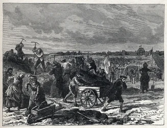 Ranskan vallankumous: Champs de Marsin (Champs-de-Mars) töitä Pariisissa valmistaakseen fete de la Federationin vuonna 1790.