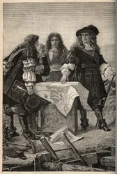 Ranskalainen arkkitehti Vauban laatii Belfortin (Itä-Ranskan) linnoitussuunnitelmat Louis XIV:n pyynnöstä vuonna 1687 - Sebastien Le Prestre de Vauban antaa Belfortin linnoitussuunnitelmat - kaiverrus "" PATRIE" - KUVAUS PECTUREQU