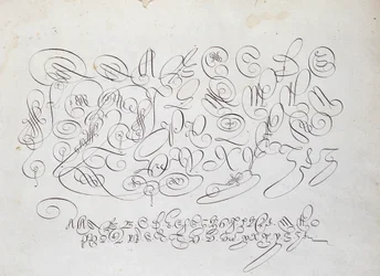 Ranskalainen kalligrafia: Kappalelevy, Robert Vignonin kuninkaan kalkografin Frisiuksen kaiverrus kirjoituspuutarhassa noin 1600-luvulla.