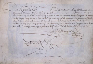 Ranskalainen kalligrafia: Recu Bernard de Beaugrandin hyväksi toimitus 2. heinäkuuta 1623. Pariisin kaupungin historiallinen kirjasto.