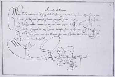 Ranskalainen kalligrafia: Teknologia, Guillaume Le Gangneurin "" esimerkki minuutista" noin 1599. Pariisin kaupungin historiallinen kirjasto.