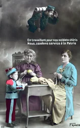 Ranskalainen isänmaallinen postikortti, joka kuvaa naisten roolia ensimmäisen maailmansodan aikana 1914-18, 1915
