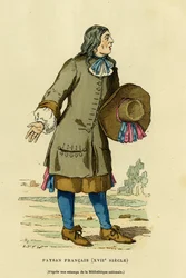 Ranskalainen talonpoikaisasu 1700-luvulla. Värikaiverrus Kansalliskirjaston vedoksen mukaan, Augustin Challamelin teoksessa "France et les Français à travers les siècles", julkaisija F. Roy, Pariisi 1882. Selvan kokoelma.