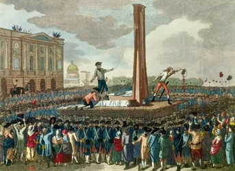 Ranskan vallankumous: kuningas Ludvig XVI:n (1754-1793) teloitus giljotiinilla, pyöveli esittelee hänen irtileikattua päätään. Kaiverrus Fious