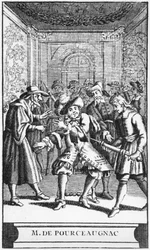 Etukappaleen kuvitus Monsieur de Pourceaugnacista, Moliere, n. 1669