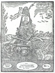 Maatalousalmanaksin etupuoli, jossa on muotokuva Olivier de Serresistä (1539-1619) 1816