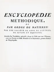 Frontispiece to the Methodical Encyclopedia by Order of Subject Matter, toimittajina Denis Diderot ja Jean Le Rond DAlembert, julkaistu 1782 (painettu)