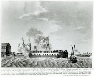 Fultons Höyrykäyttöinen sotalaiva, Fulton the First, jonka Robert Fulton suunnitteli ja rakensi New Yorkin puolustamiseen vuoden 1812 sodassa (bw-kuva 1800-luvun alun kaiverruksesta)