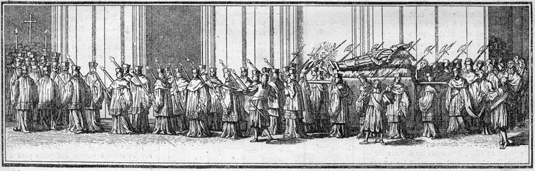 Paavin hautajaiset 1700-luvulla: paavin ruumis kuljetetaan Pyhän Pietarin kirkkoon Roomaan. Kaiverrus kirjaan "Histoire des religijs"".