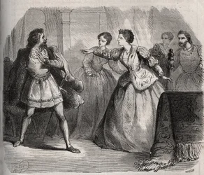 Gabrielle de Vergy kiistää sulhasensa Eudes de Fayelin, joka on kateellinen ystävyydestään serkkunsa Albert de Nozereaun kanssa. Kohtaus 1100-luvun legendasta. Kaiverrus vuodelta 1871 Henry de Kockin (1819-1892) teokseen "Histoire Des Cocus Celebres".