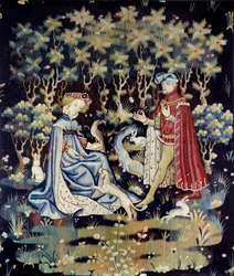 Galante-kohtaus: "" sydämen uhri"" Villa- ja silkkikudos Arrasin työpajasta - 1400-1410 Dim 2,4x2 m Paris, Musee du Louvre