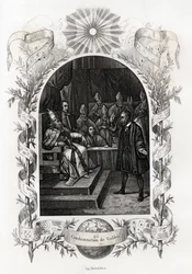 Galilea (tai Galileo Galilei (1564-1642)) Vatikaanin pyhän viran edessä"" Inkvisitiotuomioistuin tuomitsi tähtitieteilijän vuonna 1632. Maurice Lachatren (1814-1900) paavien historiaa havainnollistava kaiverrus, librairie du progress, Pariisi.