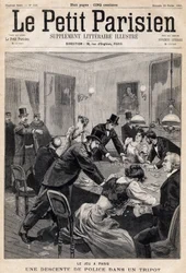 Pelitalo Pariisissa: Poliisiratsia uhkapelikerhoon (kasino). Yksi sanomalehdestä "Le Petit Parisien" 26.2.1893 (kaiverrus)