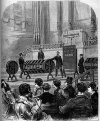 Uhkapeli: kansallisten arpajaisten arvonta Trocadéron juhlasalissa Pariisissa 6. tammikuuta 1879. Kaiverrus julkaisussa "Le Monde Illustré", nro 1140, 1. helmikuuta 1879.