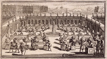 Puutarhurit työskentelevät appelsiinipuutarhassa, Le Parfait Jardinier, ou Instruction pour les Jardins Fruitiers et Potager, Jean de la Quintinye, julkaistu 1695