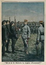 Kenraali Petain tarkastamassa 42. vuoristojalkaväkirykmenttiä, ja entä jos annan sinulle kunnialegionin, takakannen kuva Le Petit Journalista, liite illustre, 23. syyskuuta 1917 (