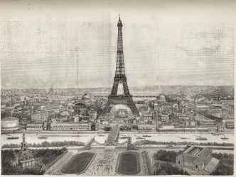 Yleiskuva Pariisin maailmannäyttelystä vuonna 1889 Eiffel-tornilla Trocaderosta, kaiverrus - Yleiskuva Pariisin maailmannäyttelystä vuonna 1889 Eiffel-tornilla, kaiverrus Le Mondessa illustrious de 1889