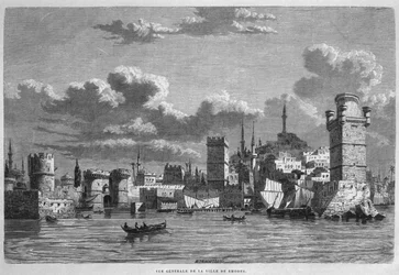 Yleiskuva Rodoksesta Syyriasta tänään. Matkustaa Foinikiassa, Libanonissa ja Juudeassa. Louis Charles Emile Lortetin 1875-1880, 1884 (bw-kaiverrus)