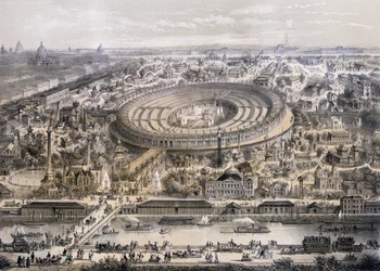 Yleiskuva Exposition Universelle -näyttelystä vuonna 1867, otettu Trocaderon kukkulalta, Pariisi, 1867