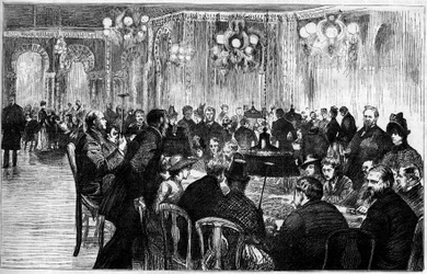 Yleiskuva Monte Carlon (Monte-Carlo) kasinon pelihuoneesta. Kaiverrus "" Le Monde Illustré" -kirjassa