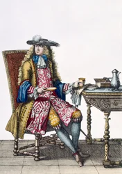 Gentlemans Eaborate Outfit, 1760 88:Herrasmiesten pitkälle kehitetty kirjailtu liivi, takki ja hattu; 99:mies; perinteinen puku; perinteinen asu; muoti; c18th; istuva; vastaanotto; -välilehti