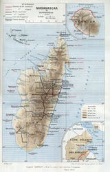 Maantieteellinen kartta Madagaskarin siirtomaasta ja sen riippuvuusalueista, Réunionista ja Ranskan Somalian rannikosta. teoksessa "La mise en valeur des colonies francaises", Albert Sarraut.