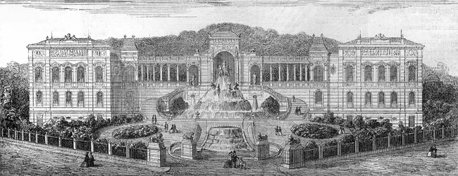Geometrinen näkymä Palais de Longchampista Marseillessa, Bouches du Rhonessa (13), jonka rakensi vuonna 1862 Henri Jacques Esperandieu (1829-1874). Kaiverrus "" Kuvitettu maailma"" nro 681, 30. huhtikuuta